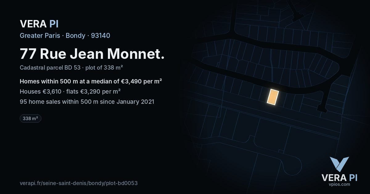 77 Rue Jean Monnet, Bondy at night – the plot lit, the parcels around coloured by the prices near them