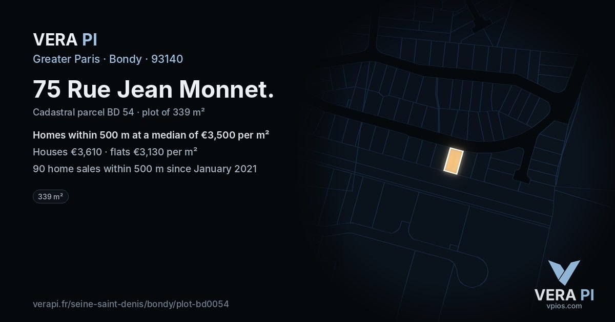 75 Rue Jean Monnet, Bondy at night – the plot lit, the parcels around coloured by the prices near them