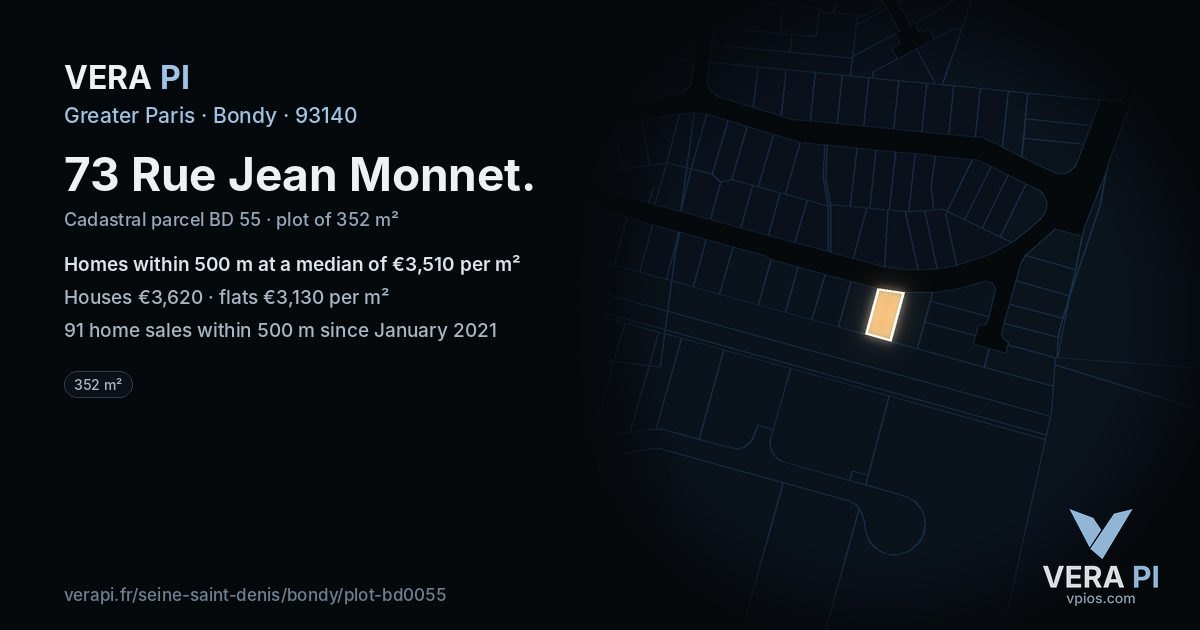 73 Rue Jean Monnet, Bondy at night – the plot lit, the parcels around coloured by the prices near them