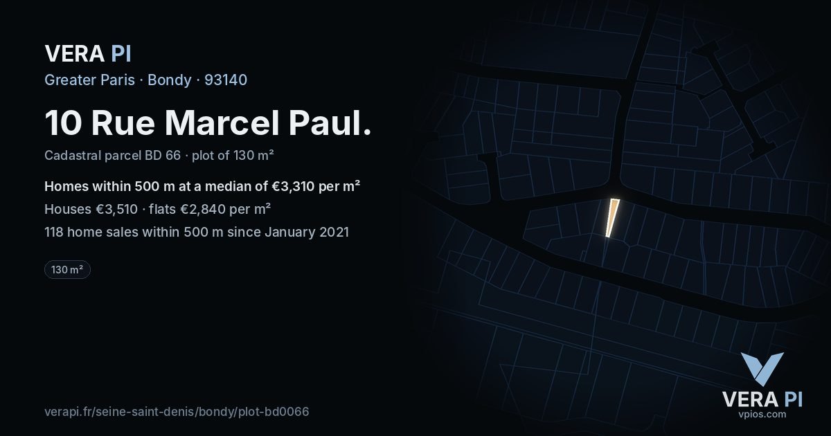 10 Rue Marcel Paul, Bondy at night – the plot lit, the parcels around coloured by the prices near them