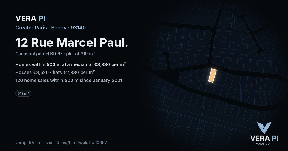 12 Rue Marcel Paul, Bondy at night – the plot lit, the parcels around coloured by the prices near them
