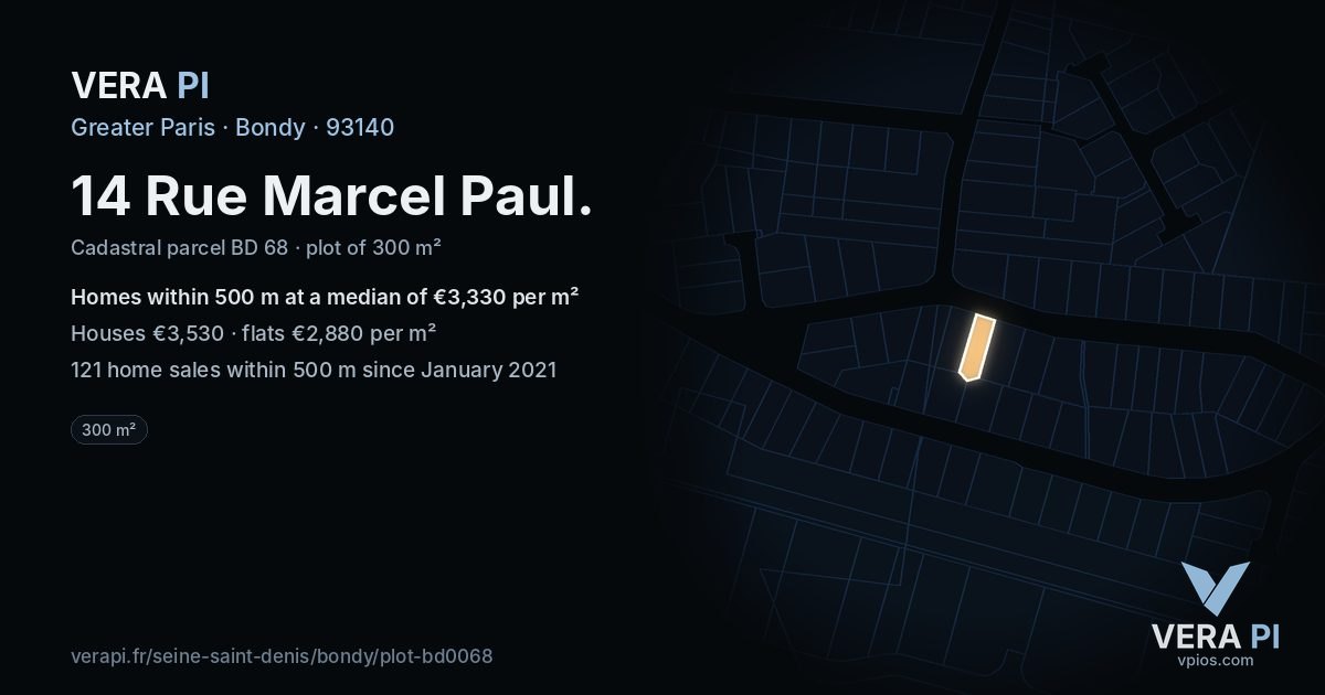 14 Rue Marcel Paul, Bondy at night – the plot lit, the parcels around coloured by the prices near them