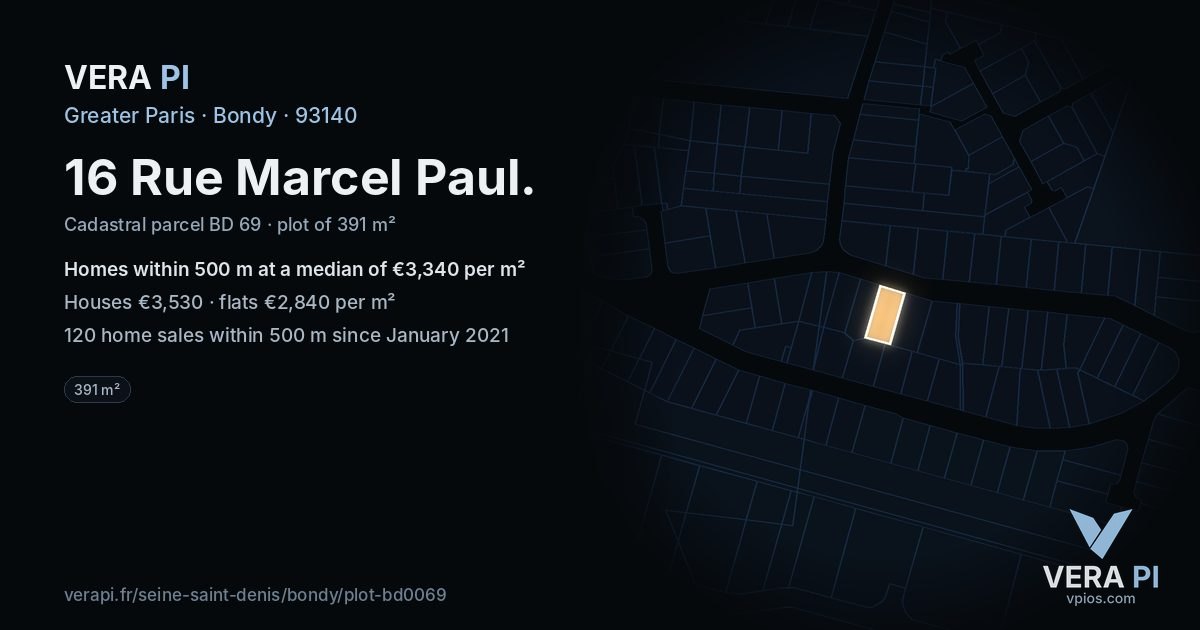 16 Rue Marcel Paul, Bondy at night – the plot lit, the parcels around coloured by the prices near them