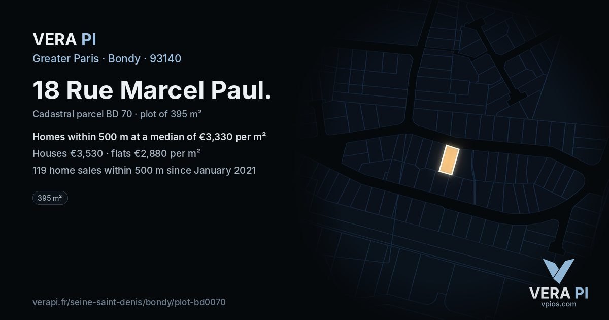 18 Rue Marcel Paul, Bondy at night – the plot lit, the parcels around coloured by the prices near them
