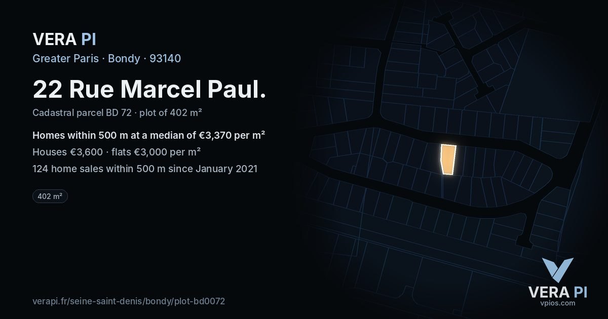 22 Rue Marcel Paul, Bondy at night – the plot lit, the parcels around coloured by the prices near them