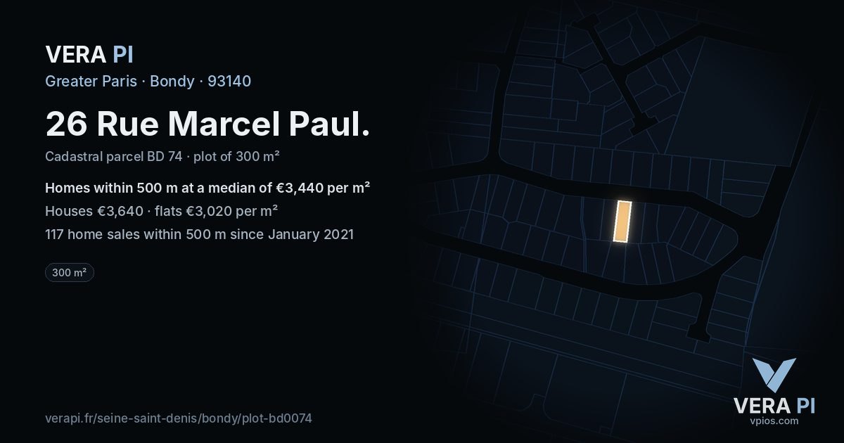 26 Rue Marcel Paul, Bondy at night – the plot lit, the parcels around coloured by the prices near them