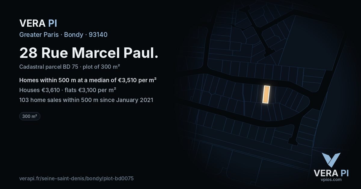 28 Rue Marcel Paul, Bondy at night – the plot lit, the parcels around coloured by the prices near them