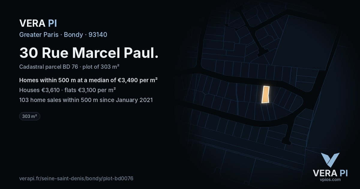 30 Rue Marcel Paul, Bondy at night – the plot lit, the parcels around coloured by the prices near them