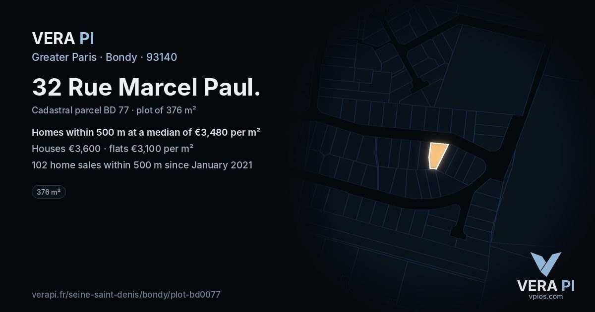 32 Rue Marcel Paul, Bondy at night – the plot lit, the parcels around coloured by the prices near them