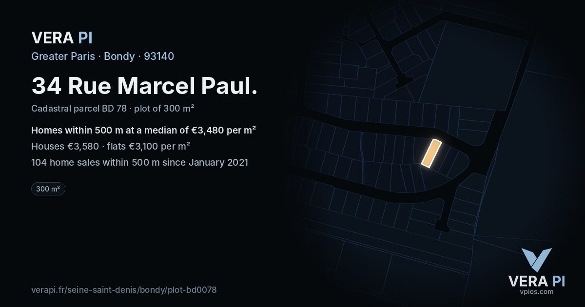 34 Rue Marcel Paul, Bondy at night – the plot lit, the parcels around coloured by the prices near them