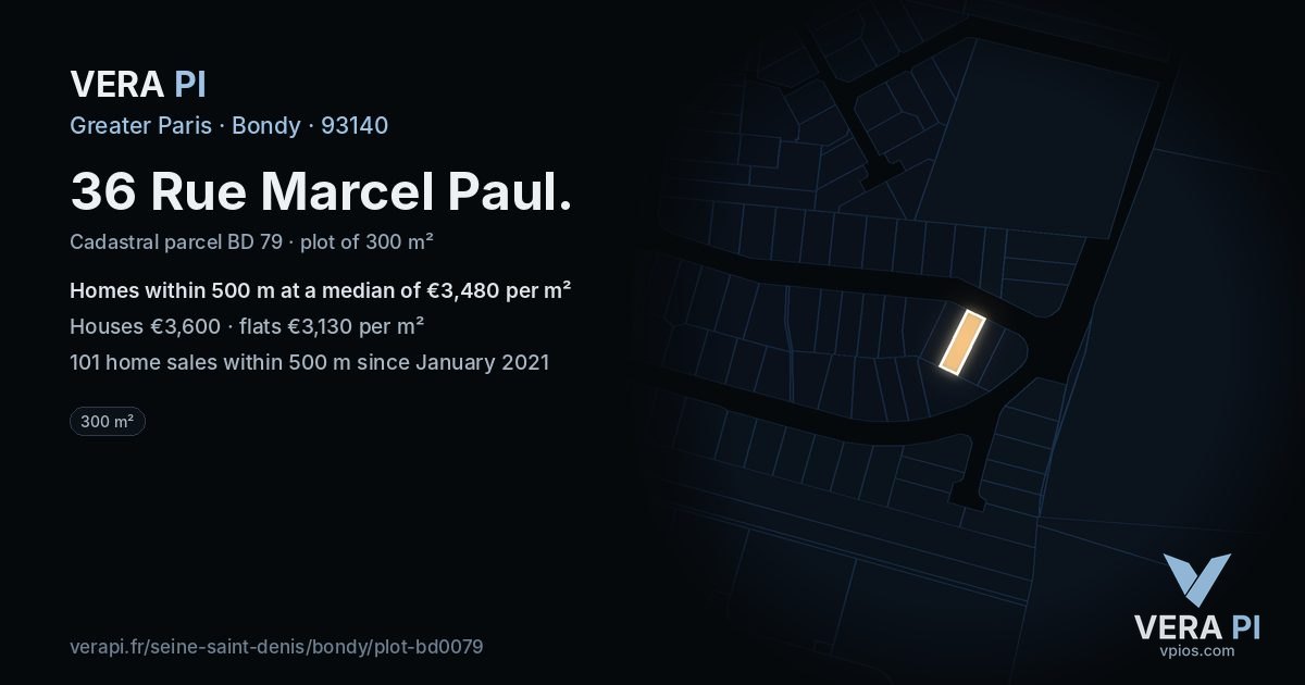 36 Rue Marcel Paul, Bondy at night – the plot lit, the parcels around coloured by the prices near them