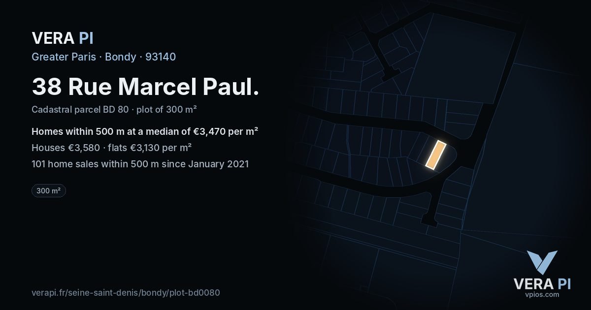 38 Rue Marcel Paul, Bondy at night – the plot lit, the parcels around coloured by the prices near them