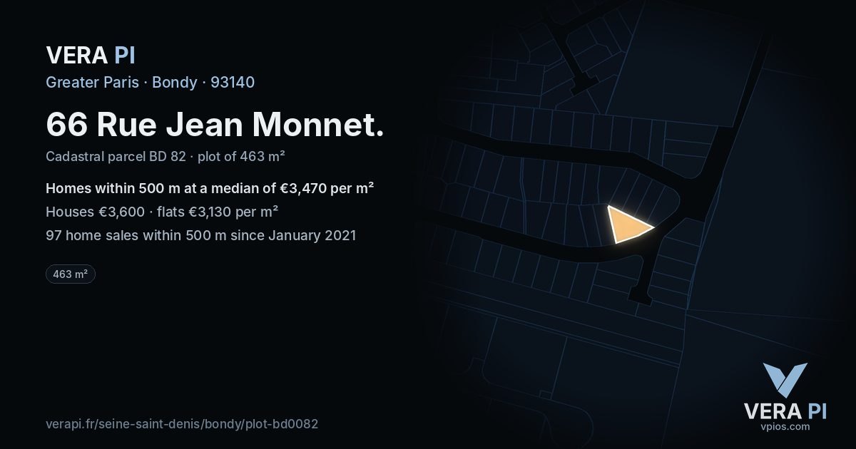 66 Rue Jean Monnet, Bondy at night – the plot lit, the parcels around coloured by the prices near them