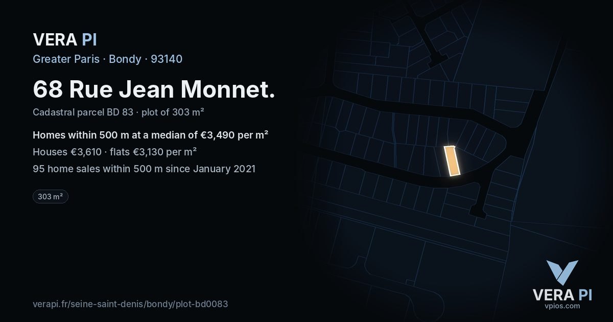 68 Rue Jean Monnet, Bondy at night – the plot lit, the parcels around coloured by the prices near them