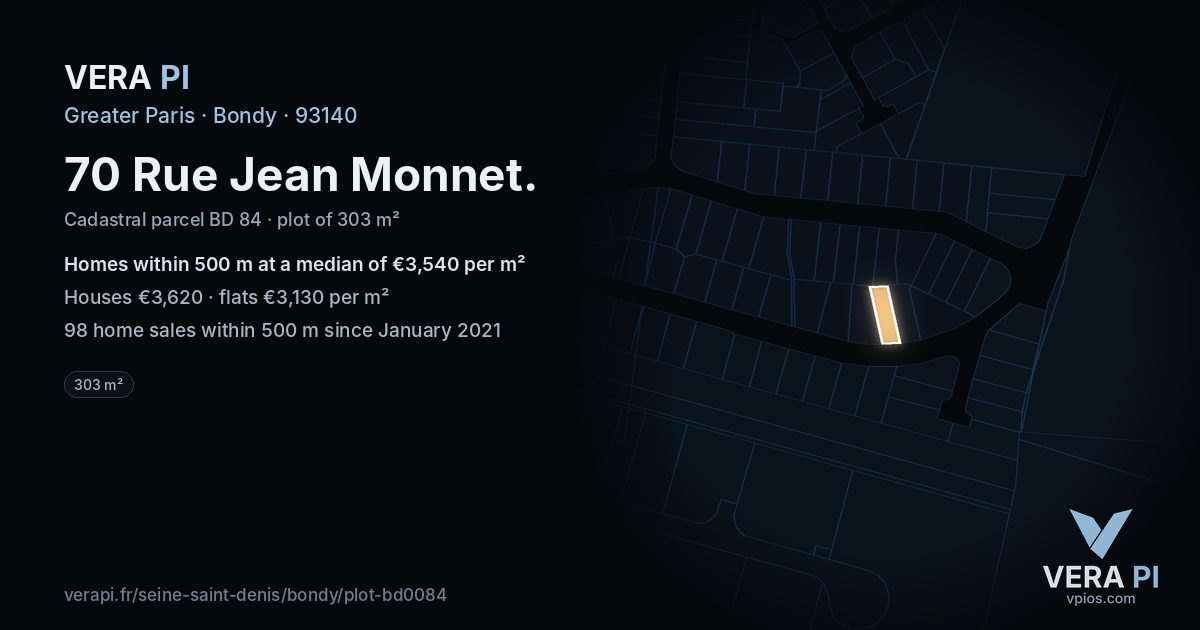 70 Rue Jean Monnet, Bondy at night – the plot lit, the parcels around coloured by the prices near them