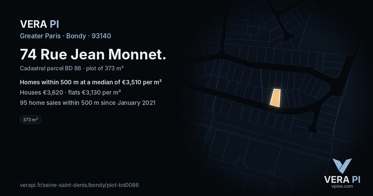 74 Rue Jean Monnet, Bondy at night – the plot lit, the parcels around coloured by the prices near them