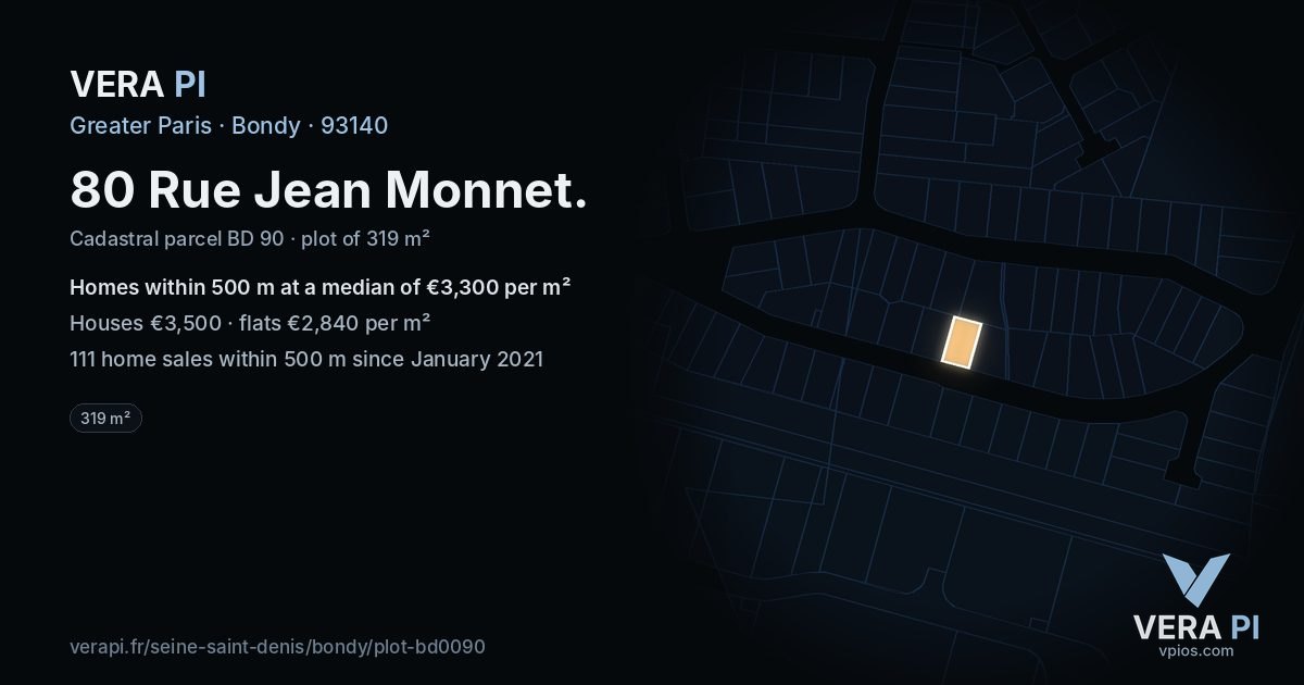80 Rue Jean Monnet, Bondy at night – the plot lit, the parcels around coloured by the prices near them