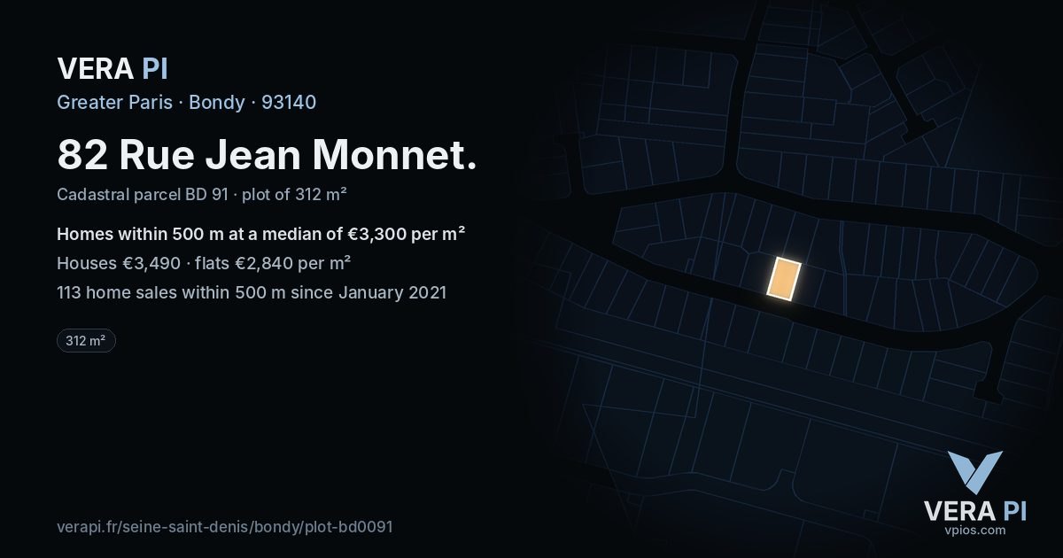 82 Rue Jean Monnet, Bondy at night – the plot lit, the parcels around coloured by the prices near them