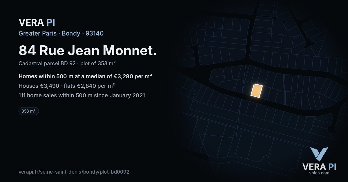 84 Rue Jean Monnet, Bondy at night – the plot lit, the parcels around coloured by the prices near them