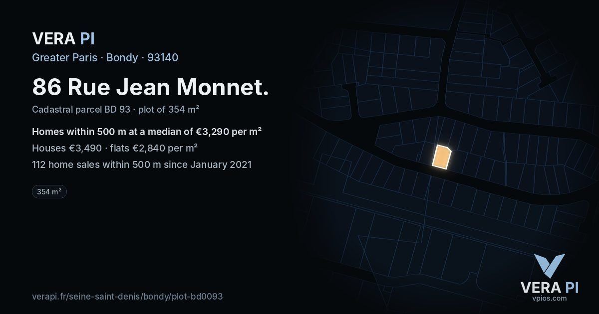 86 Rue Jean Monnet, Bondy at night – the plot lit, the parcels around coloured by the prices near them
