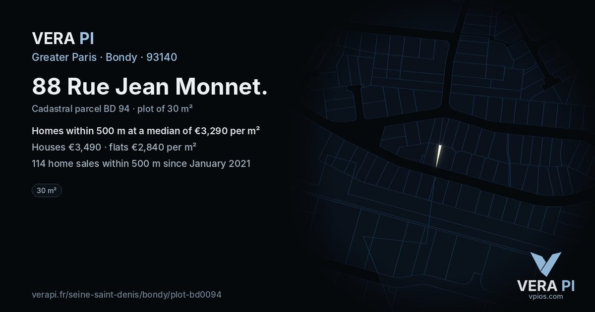 88 Rue Jean Monnet, Bondy at night – the plot lit, the parcels around coloured by the prices near them