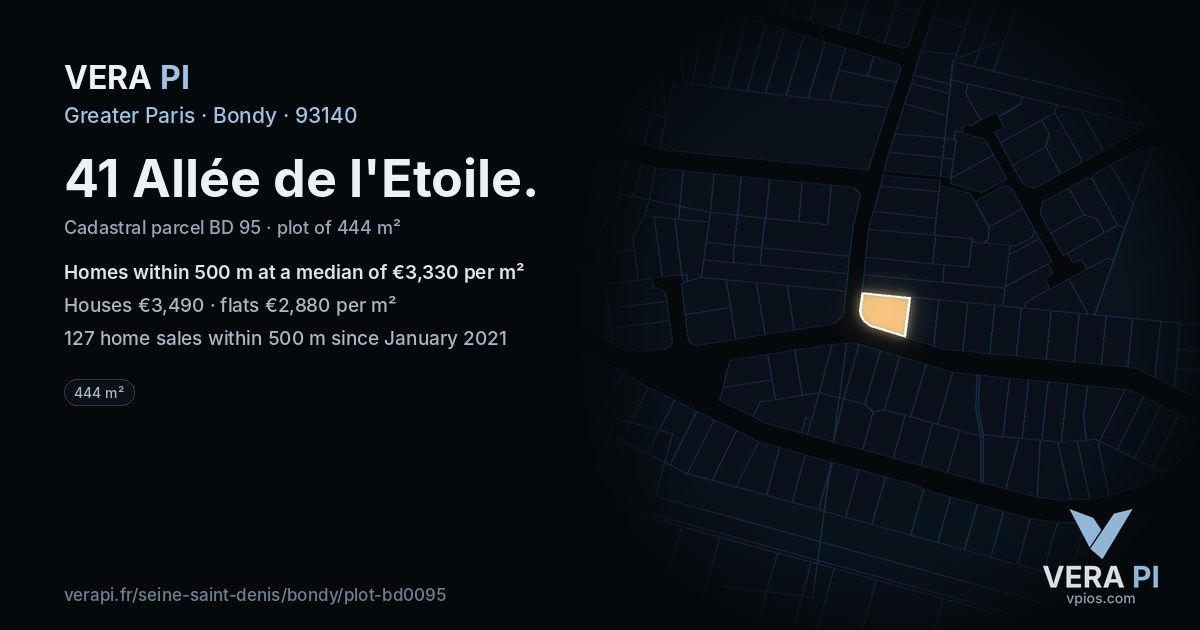 41 Allée de l'Etoile, Bondy at night – the plot lit, the parcels around coloured by the prices near them