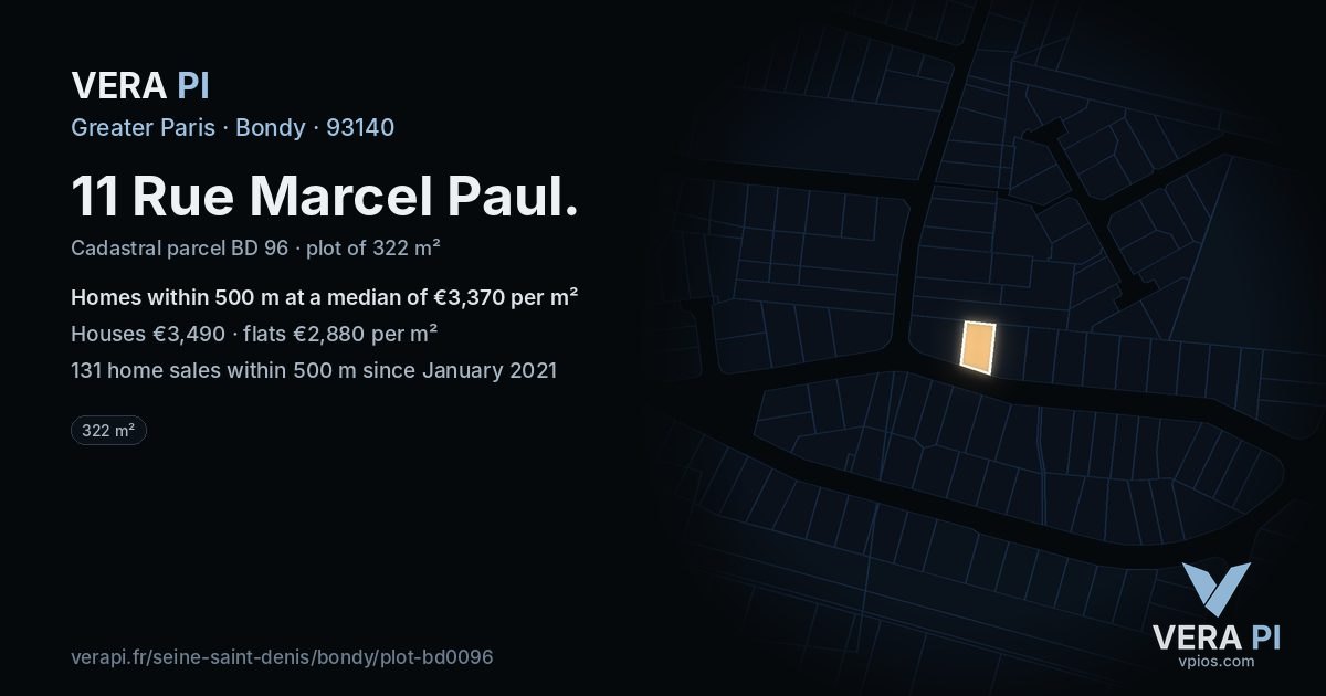 11 Rue Marcel Paul, Bondy at night – the plot lit, the parcels around coloured by the prices near them