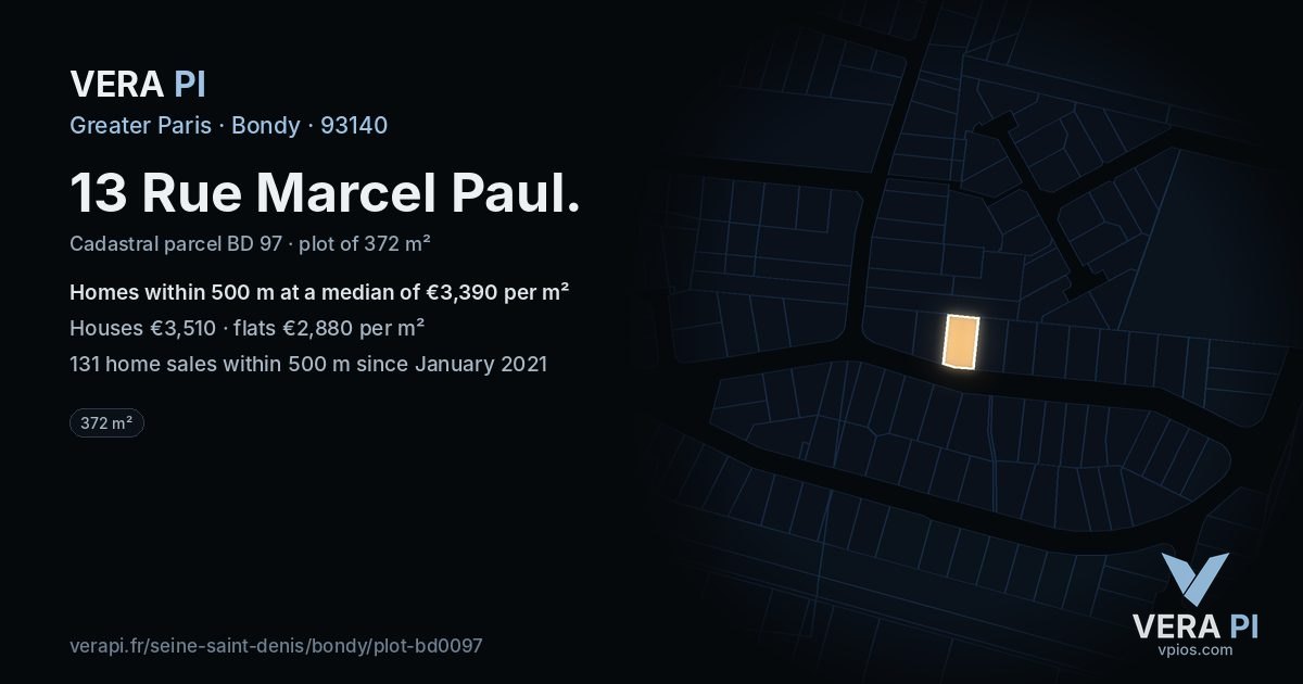 13 Rue Marcel Paul, Bondy at night – the plot lit, the parcels around coloured by the prices near them