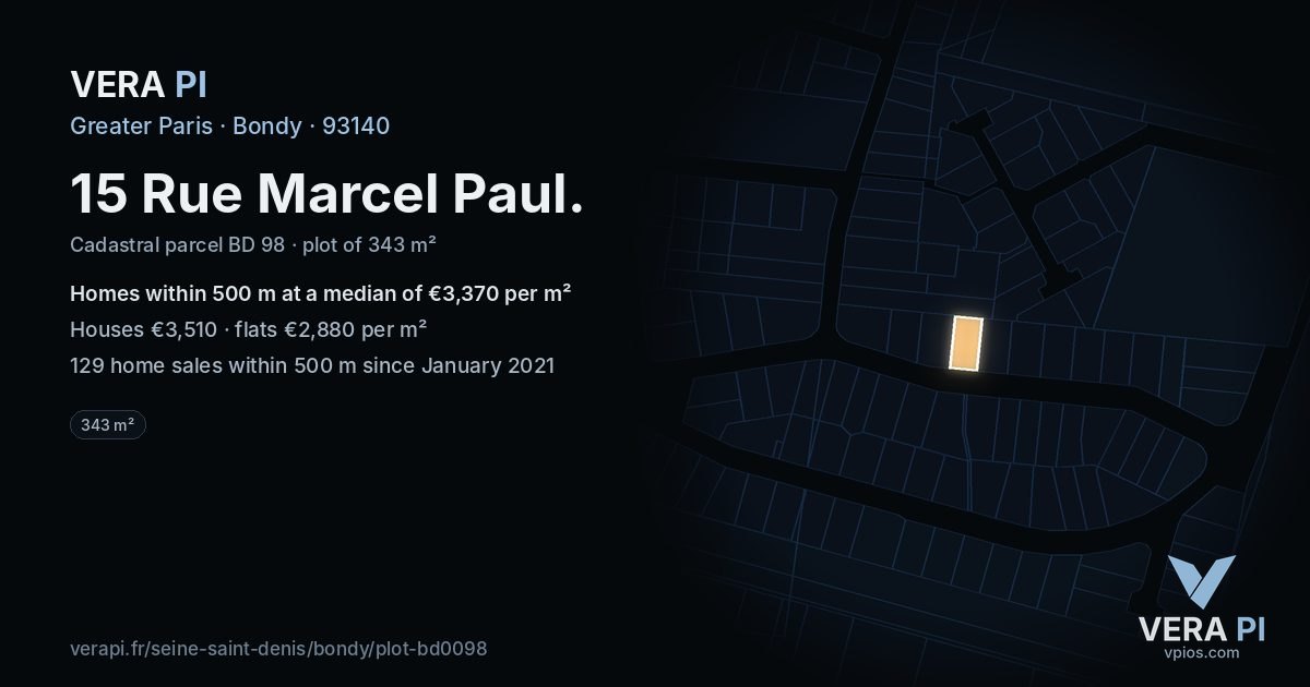 15 Rue Marcel Paul, Bondy at night – the plot lit, the parcels around coloured by the prices near them