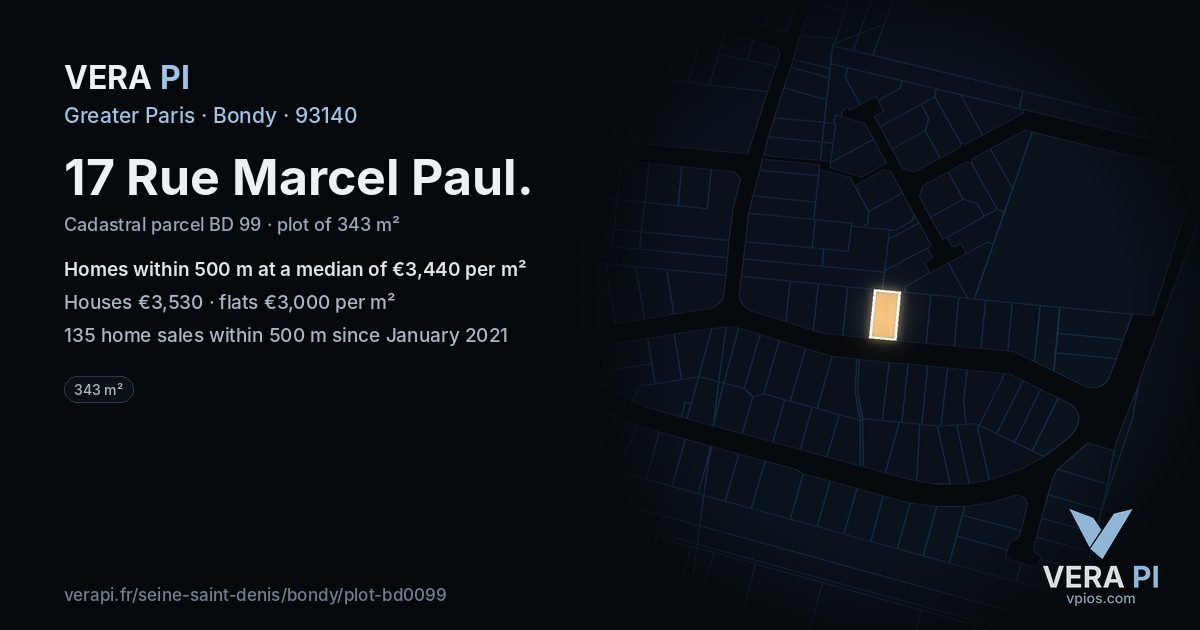 17 Rue Marcel Paul, Bondy at night – the plot lit, the parcels around coloured by the prices near them