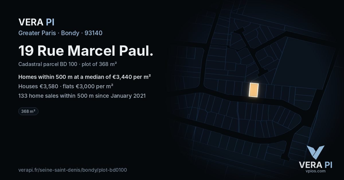 19 Rue Marcel Paul, Bondy at night – the plot lit, the parcels around coloured by the prices near them