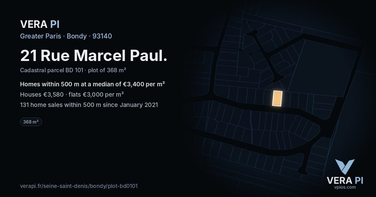 21 Rue Marcel Paul, Bondy at night – the plot lit, the parcels around coloured by the prices near them