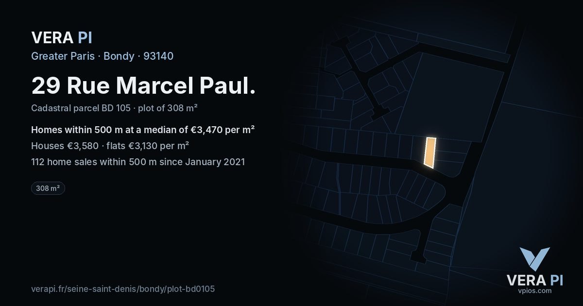 29 Rue Marcel Paul, Bondy at night – the plot lit, the parcels around coloured by the prices near them