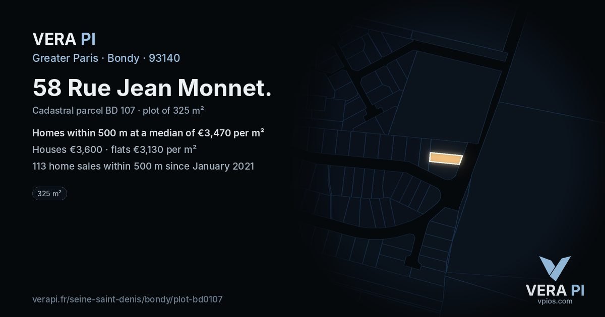 58 Rue Jean Monnet, Bondy at night – the plot lit, the parcels around coloured by the prices near them
