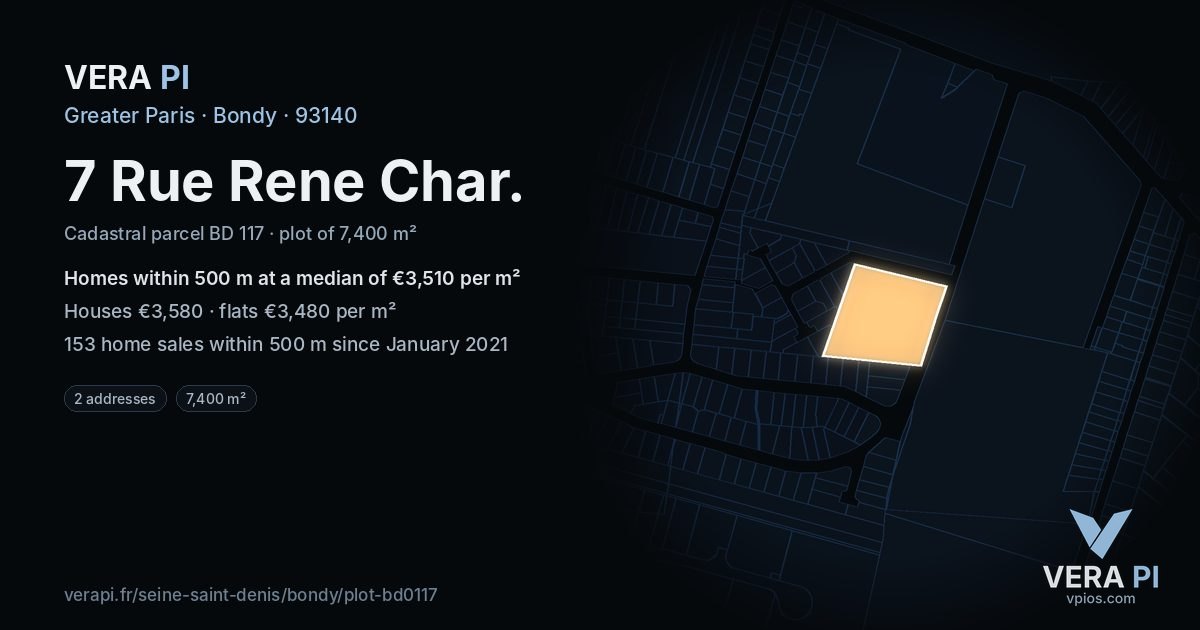 7 Rue Rene Char, Bondy at night – the plot lit, the parcels around coloured by the prices near them