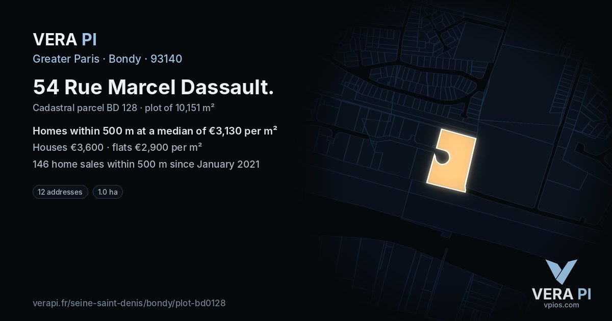 54 Rue Marcel Dassault, Bondy at night – the plot lit, the parcels around coloured by the prices near them