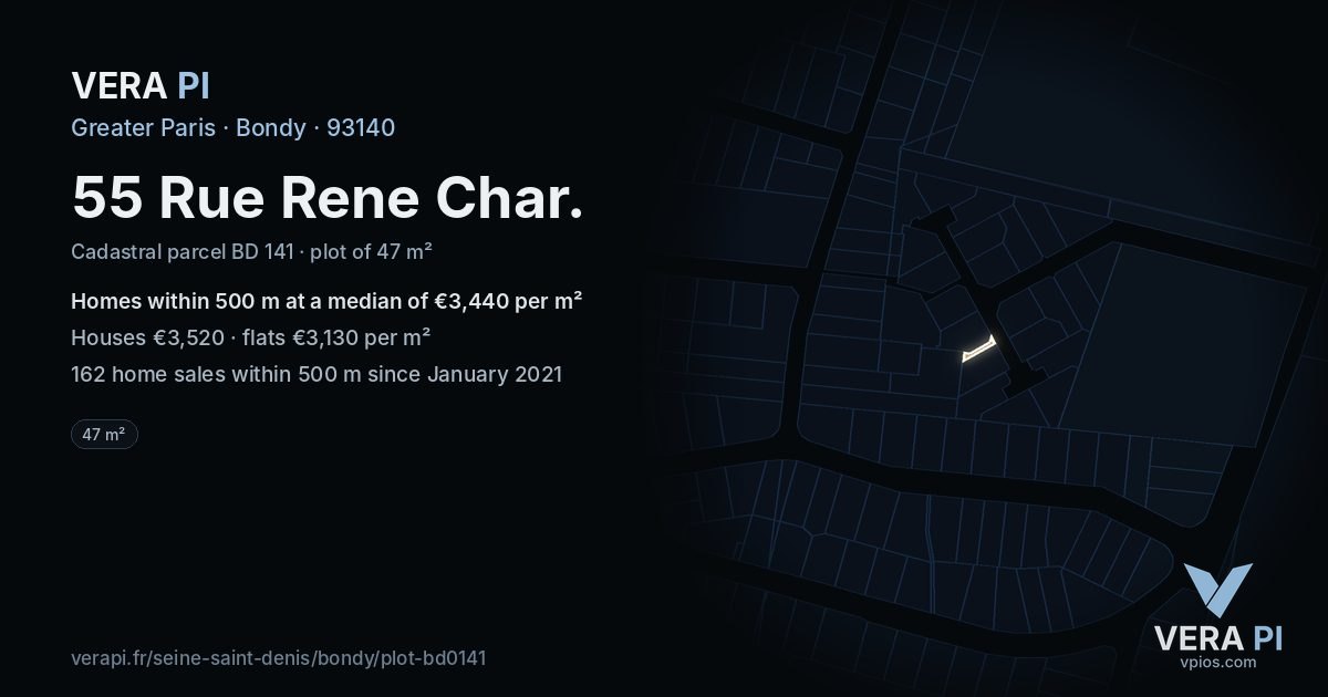55 Rue Rene Char, Bondy at night – the plot lit, the parcels around coloured by the prices near them