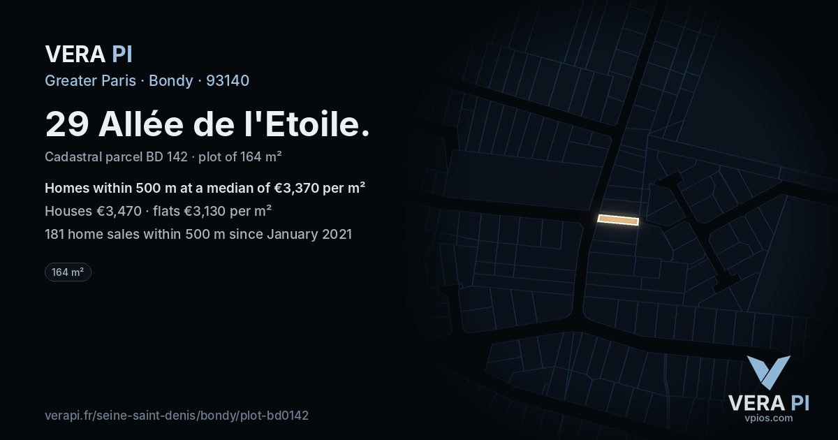 29 Allée de l'Etoile, Bondy at night – the plot lit, the parcels around coloured by the prices near them