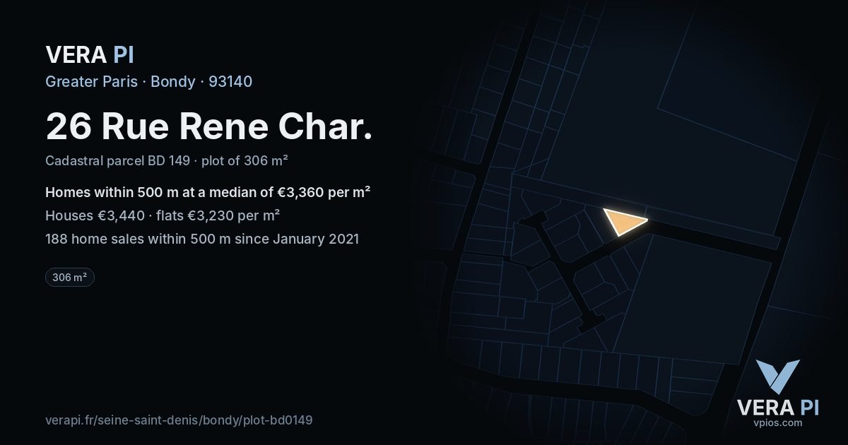 26 Rue Rene Char, Bondy at night – the plot lit, the parcels around coloured by the prices near them