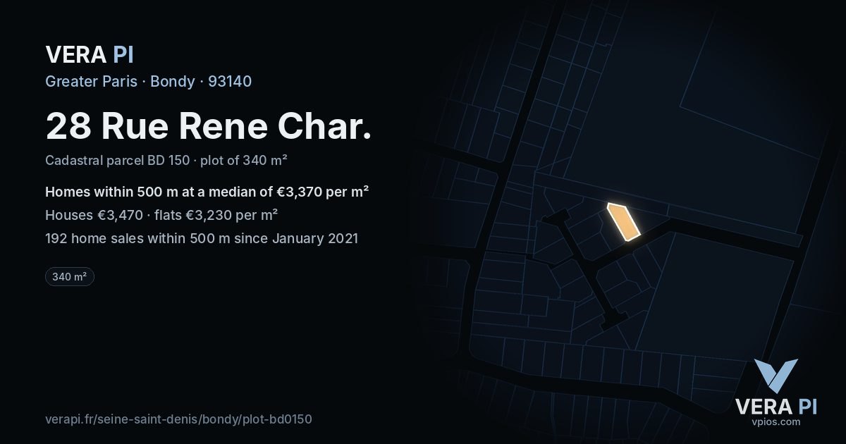 28 Rue Rene Char, Bondy at night – the plot lit, the parcels around coloured by the prices near them