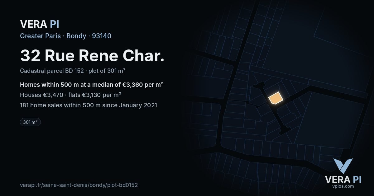 32 Rue Rene Char, Bondy at night – the plot lit, the parcels around coloured by the prices near them