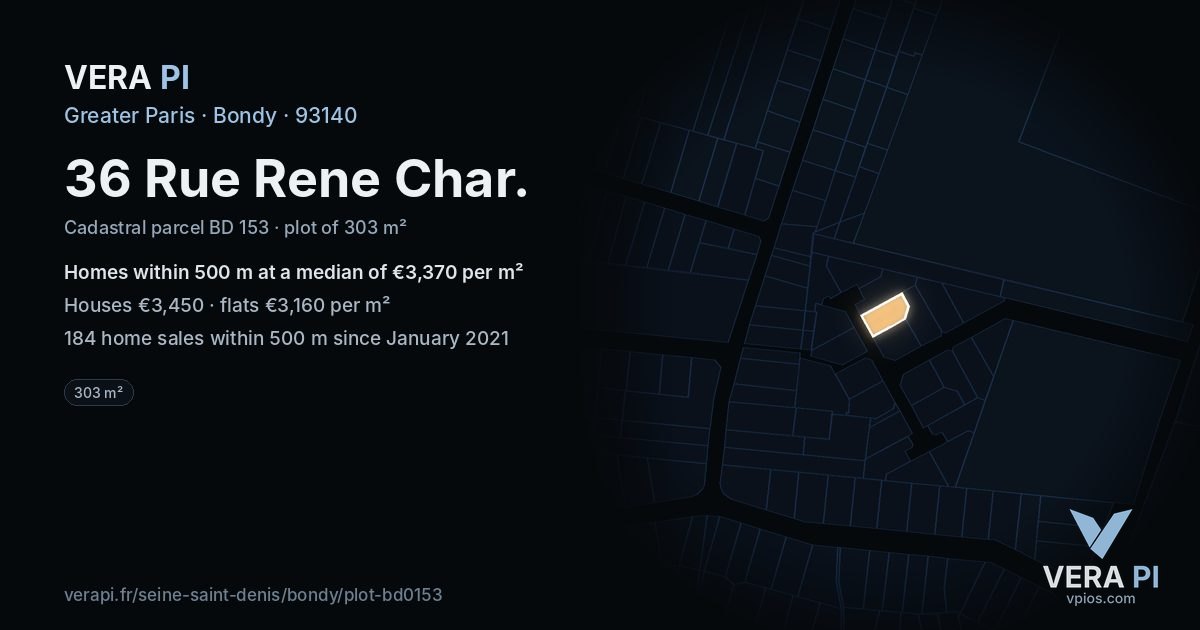 36 Rue Rene Char, Bondy at night – the plot lit, the parcels around coloured by the prices near them