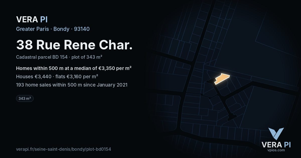 38 Rue Rene Char, Bondy at night – the plot lit, the parcels around coloured by the prices near them