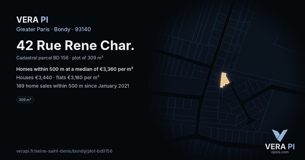 42 Rue Rene Char, Bondy at night – the plot lit, the parcels around coloured by the prices near them