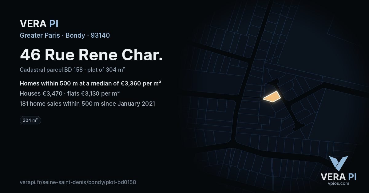 46 Rue Rene Char, Bondy at night – the plot lit, the parcels around coloured by the prices near them