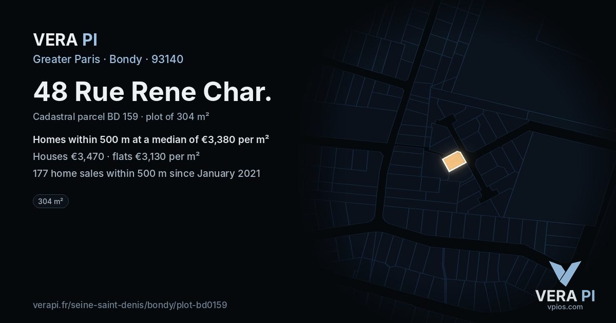 48 Rue Rene Char, Bondy at night – the plot lit, the parcels around coloured by the prices near them