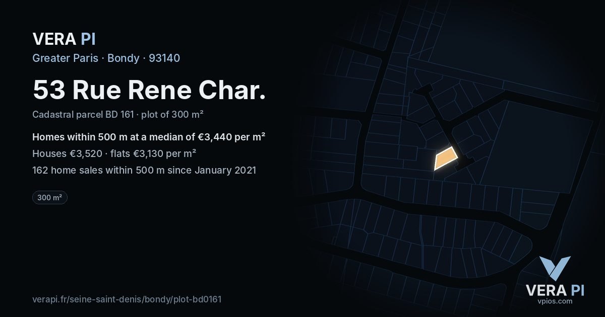 53 Rue Rene Char, Bondy at night – the plot lit, the parcels around coloured by the prices near them