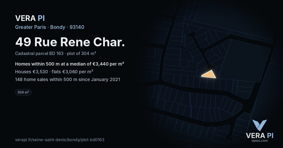 49 Rue Rene Char, Bondy at night – the plot lit, the parcels around coloured by the prices near them
