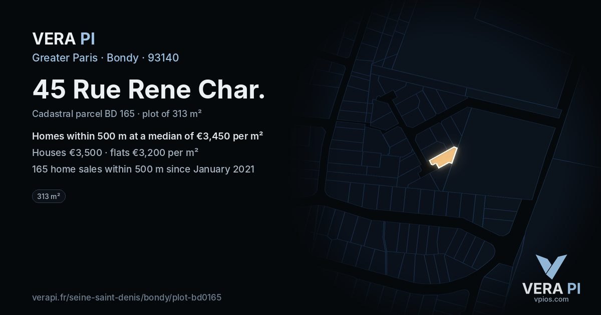 45 Rue Rene Char, Bondy at night – the plot lit, the parcels around coloured by the prices near them