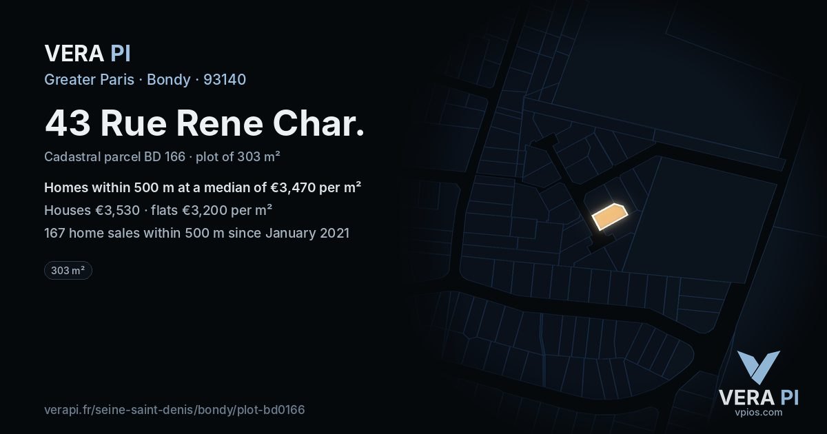 43 Rue Rene Char, Bondy at night – the plot lit, the parcels around coloured by the prices near them